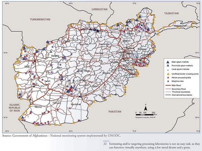 Trafficking routes and unofficial border crossing points in Afghanistan 2008 Source: