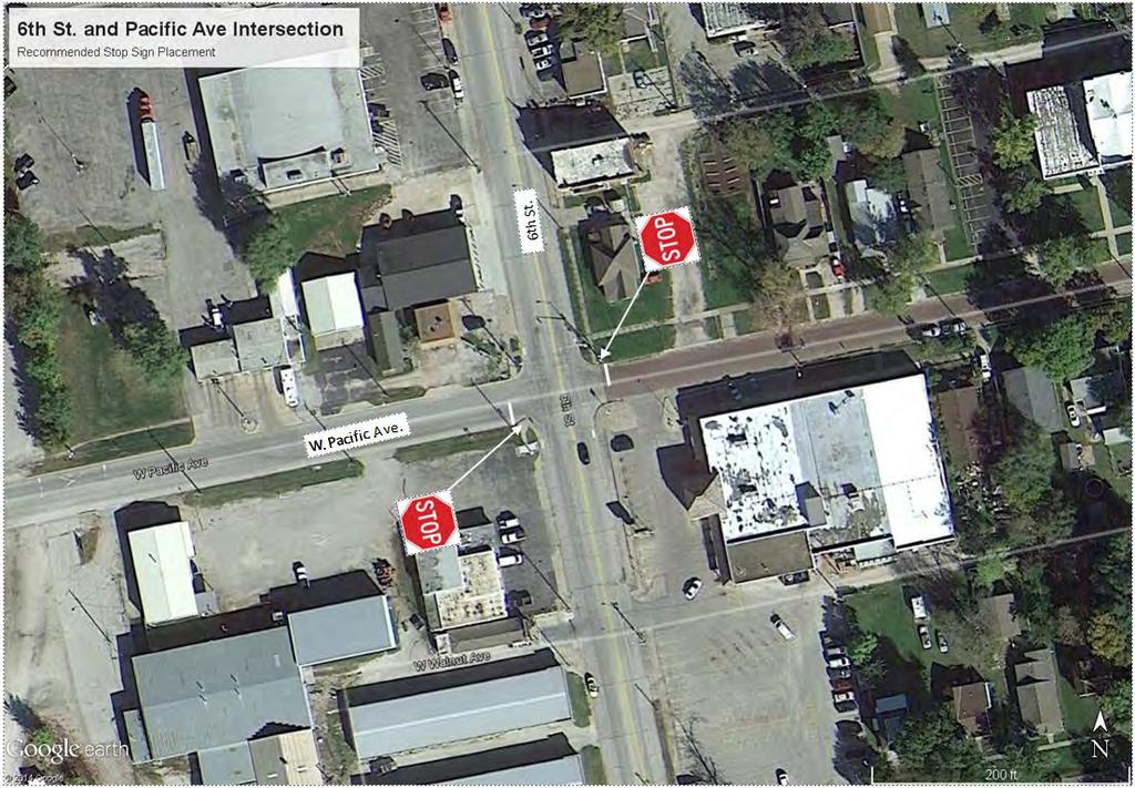 KDOT Traffic Engineering Assistance Progam City of Osawatomie, 6th Street & W Pacific Avenue, Traffic Signal Warrants Figure 13 - Recommended Stop Sign / Stop Line Placement at the 6th and W.