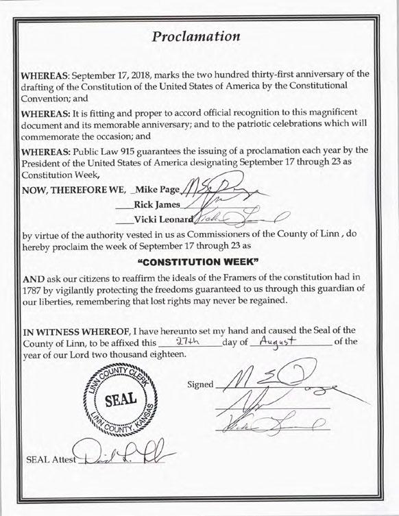 Mike Page moved to adopt the Proclamation as presented, proclaiming the week of September 17 th through September 23 rd as Constitution Week in Linn County.