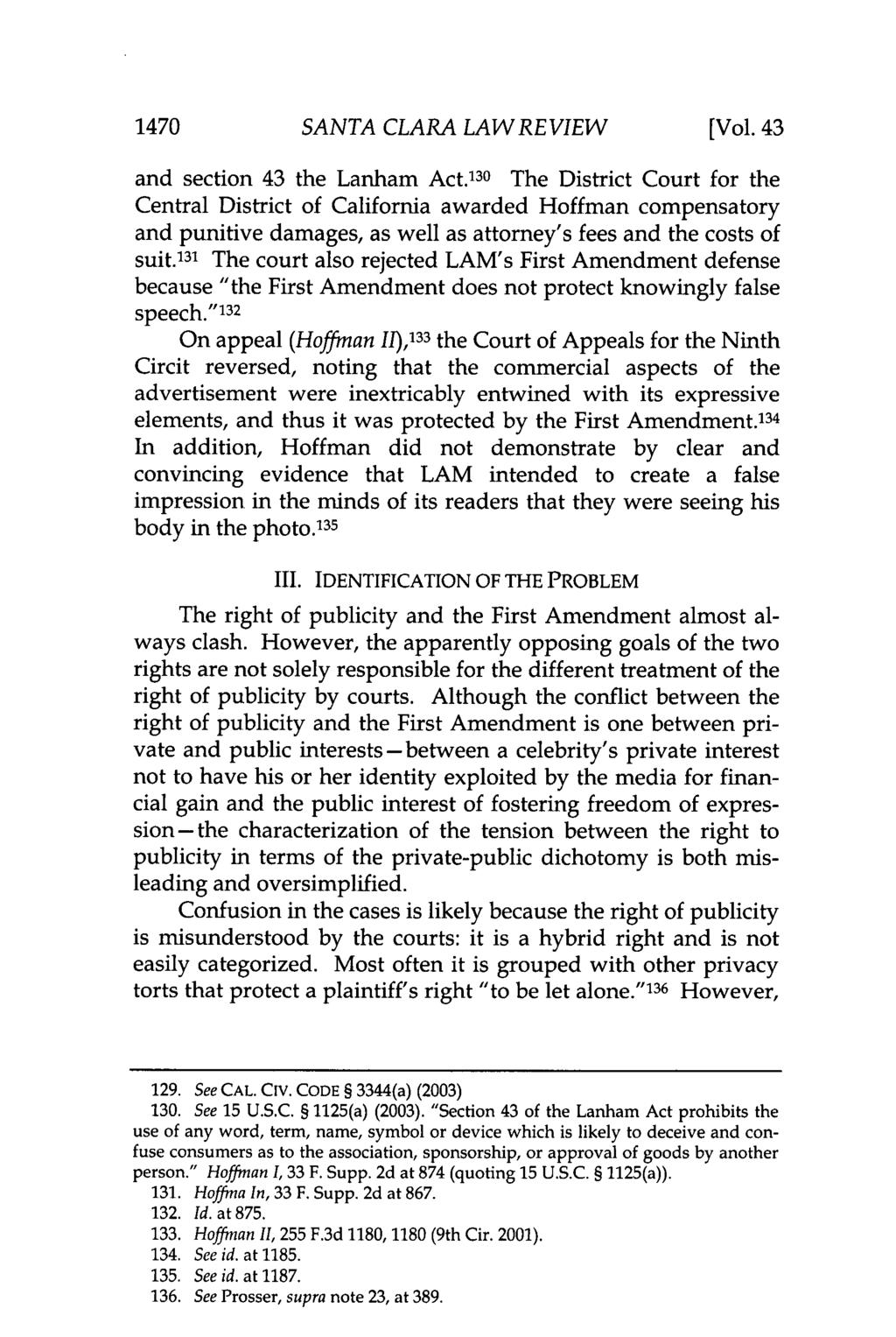 1470 SANTA CLARA LAW REVIEW [Vol. 43 and section 43 the Lanham Act.