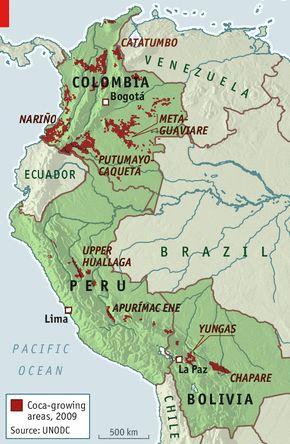 In the 1980s, most of the world s cocaine was grown in Peru, Bolivia, and Colombia.