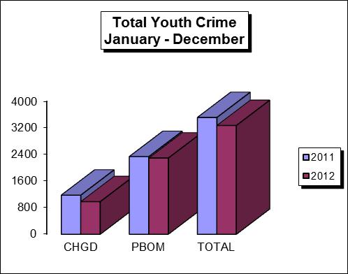 YOUTH CRIME JANUARY DECEMBER (2011 2012) 2011 2012 2011-12 CHGD PBOM Total CHGD PBOM Total CHGD PBOM Total Violent Crime 391 564 955 306 587 893-21.7 4.1-6.