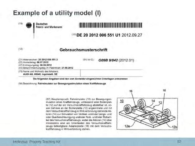 This slide shows an example of a German utility model, or "Gebrauchsmuster". It looks very similar to a German patent application.