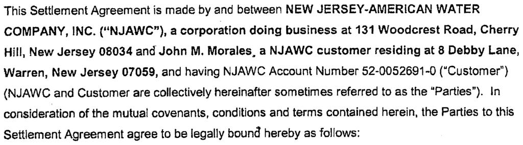 C"NJAWC"}, a corporation doing business at 131 Woodcrest Road, Cherry Hill, New Jersey 08034 and John M. Morales.
