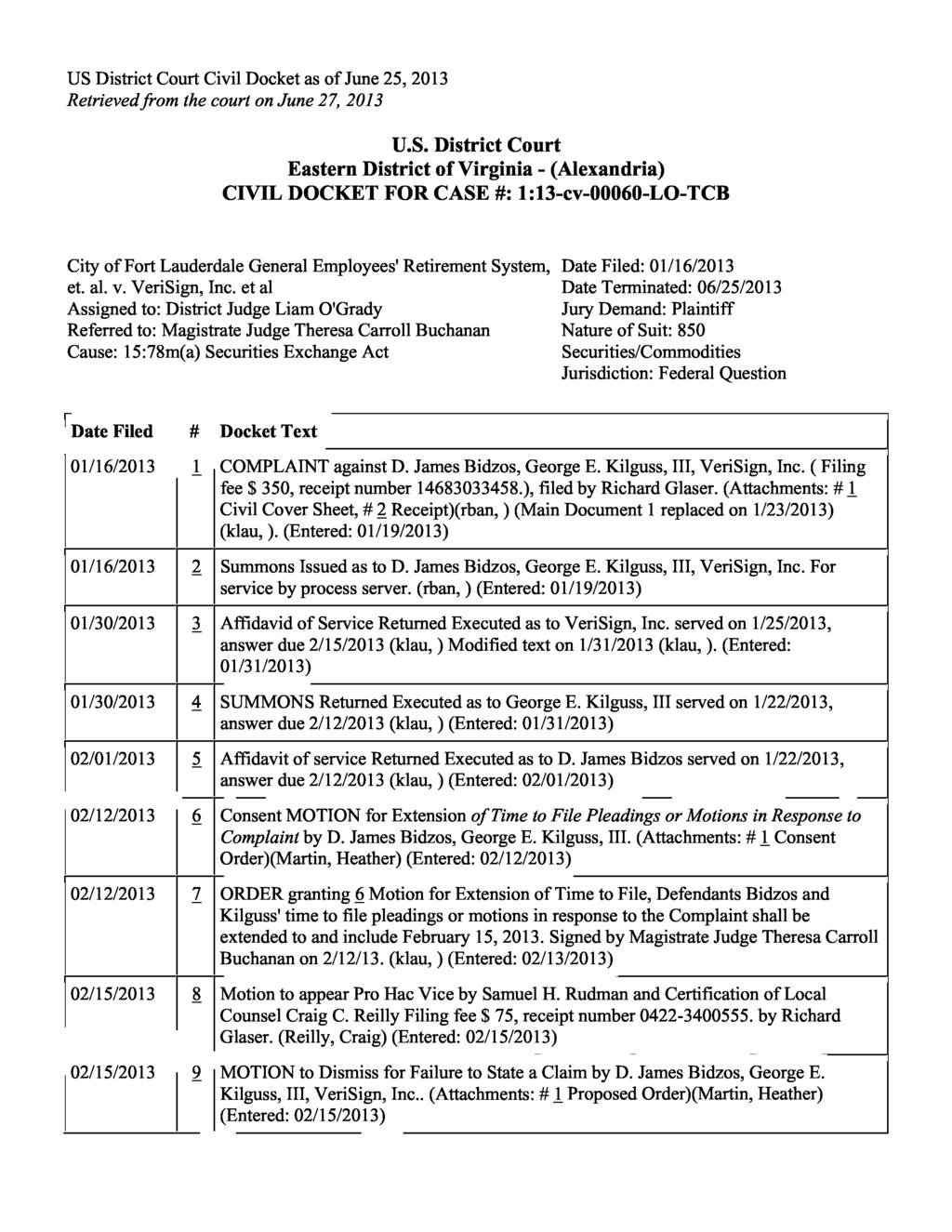US District Court Civil Docket as of June 25, 2013 Retrieved from the court on June 27, 2013 U.S. District Court Eastern District of Virginia - (Alexandria) CIVIL DOCKET FOR CASE #: 1:13-cv-00060-LO-TCB City of Fort Lauderdale General Employees' Retirement System, Date Filed: 01/16/2013 et.