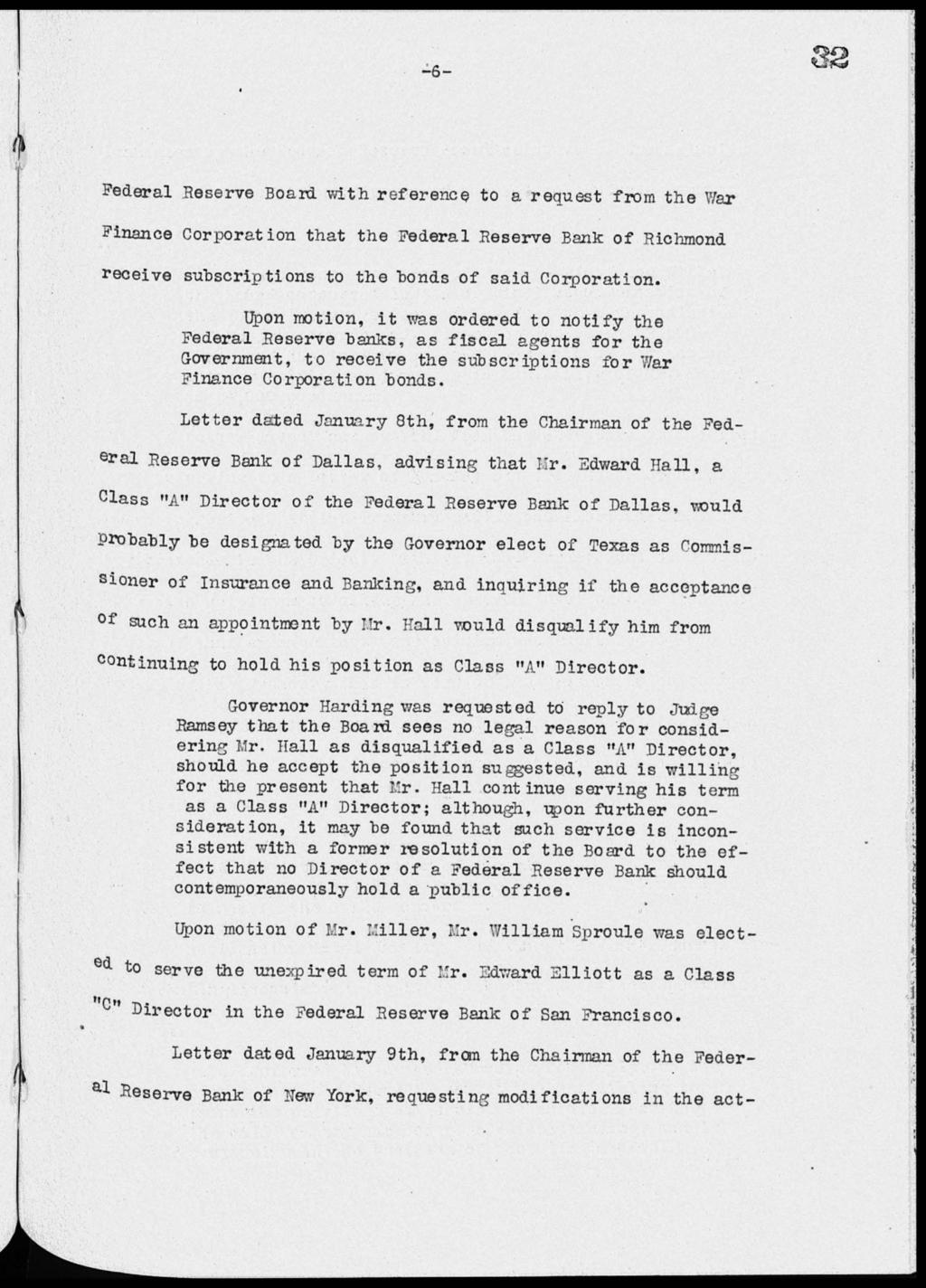 Federal Reserve Board with reference to a request from the War Finance Corporation that the Federal Reserve Bank of Richmond receive subscriptions to the bonds of said Corporation.