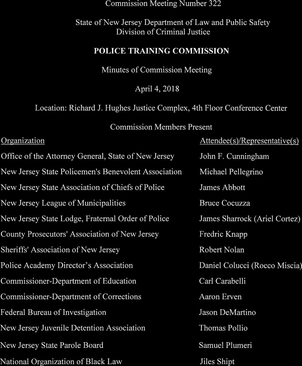 Commission Meeting Number 322 State of New Jersey Department of Law and Public Safety Division of Criminal Justice POLICE TRAINING COMMISSION Minutes of Commission Meeting April 4, 2018 Location: