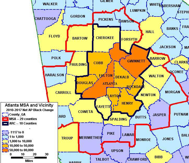 Case 1:17-cv-01427-TCB-MLB-BBM Document 180-1 Filed 08/06/18 Page 26 of 84 57. The map in Figure 17 shows Black population change at the county level between 2010 and 2017 in the Atlanta area.