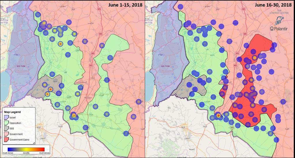Figure 5: LEFT: Areas of control and distribution of reported conflict events from June 1-15. RIGHT: Areas of control as of July 1, 2018 overlaid with reported conflict events from June 16-30, 2018.