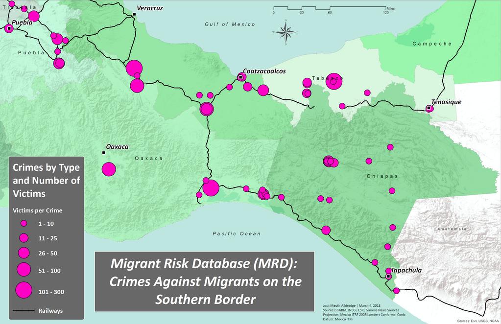 Figure 3.5 Southern Border and Securitization Factors Map Along the U.S.-Mexico border, increased migration enforcement has created a funnel effect in which irregular migrants and narcotics are crossing at the same points.