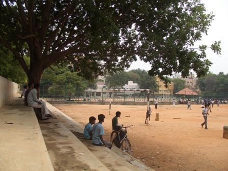 Bleachers in the playground Two Koramangala residents and their associate, a cricket coach, occupied one half of PO Ground in the mid-1990s to run a cricket coaching camp.
