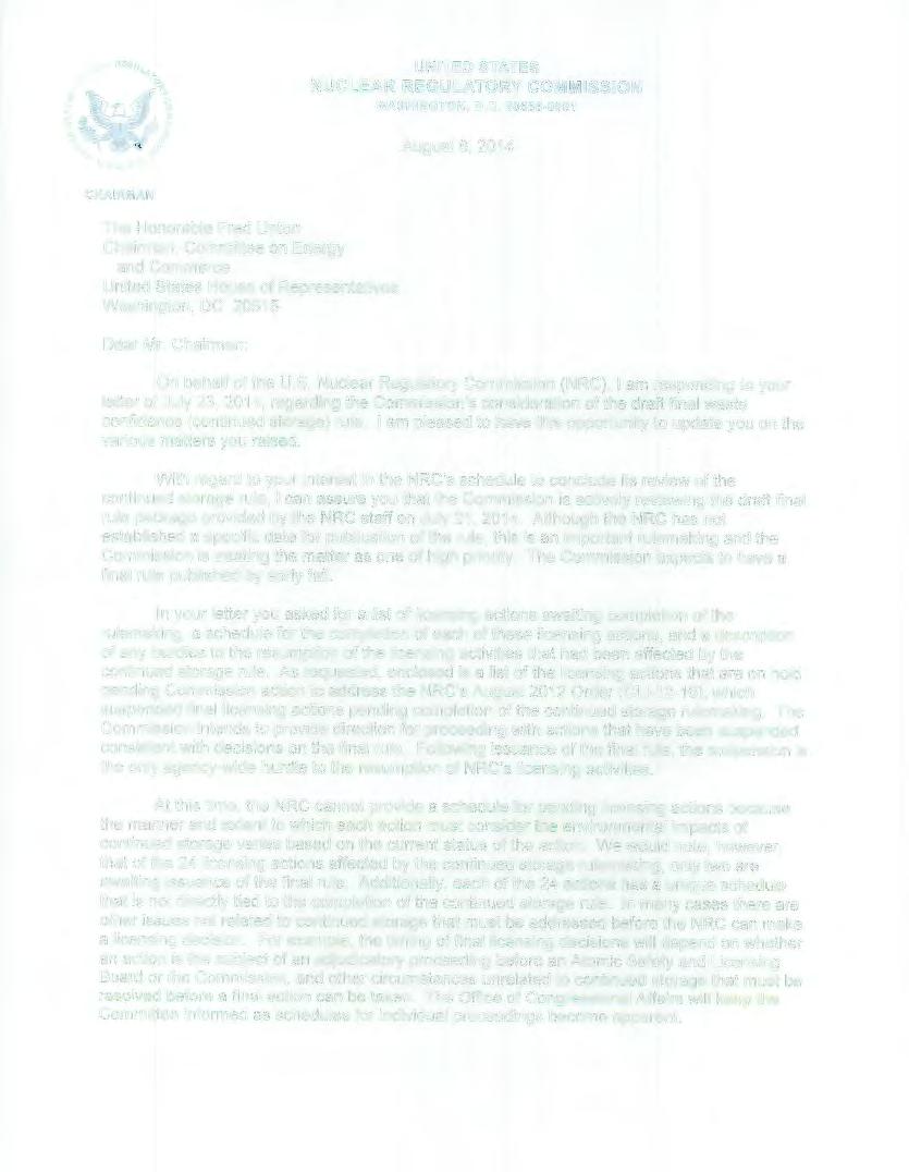 UNITED STATES NUCLEAR REGULATORY COMMISSION WASHINGTON, D.C. 20555-0001 August 8, 2014 CHAIRMAN The Honorable Fred Upton Chairman, Committee on Energy and Commerce Dear Mr.