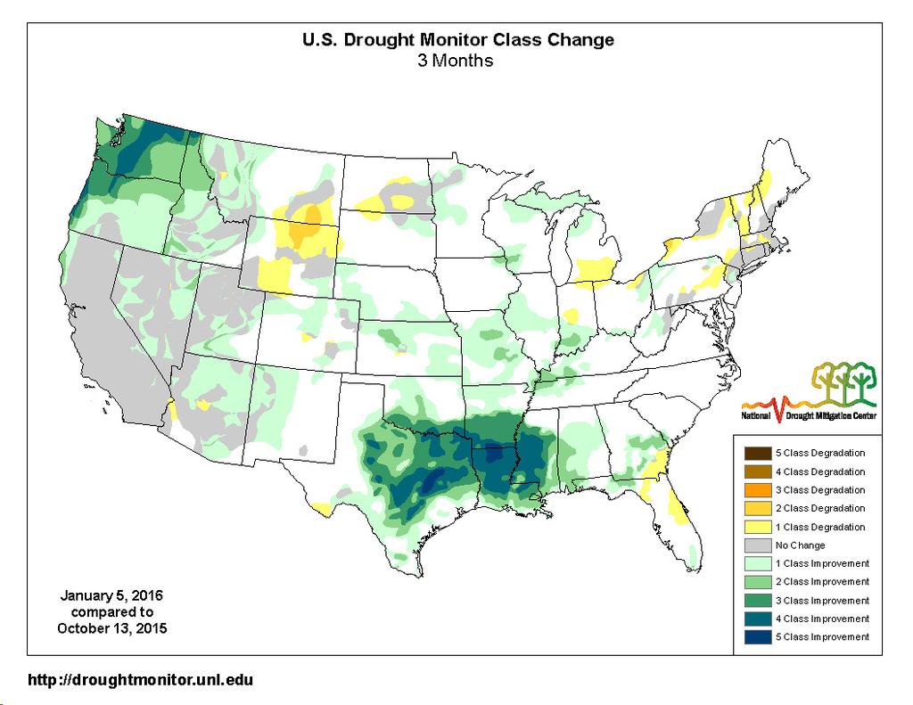 Change of Drought Status Over Three Month Period The national drought map shows that from the three month period of October 13, 2015 to January 5, 2016, there was remarkable improvement most
