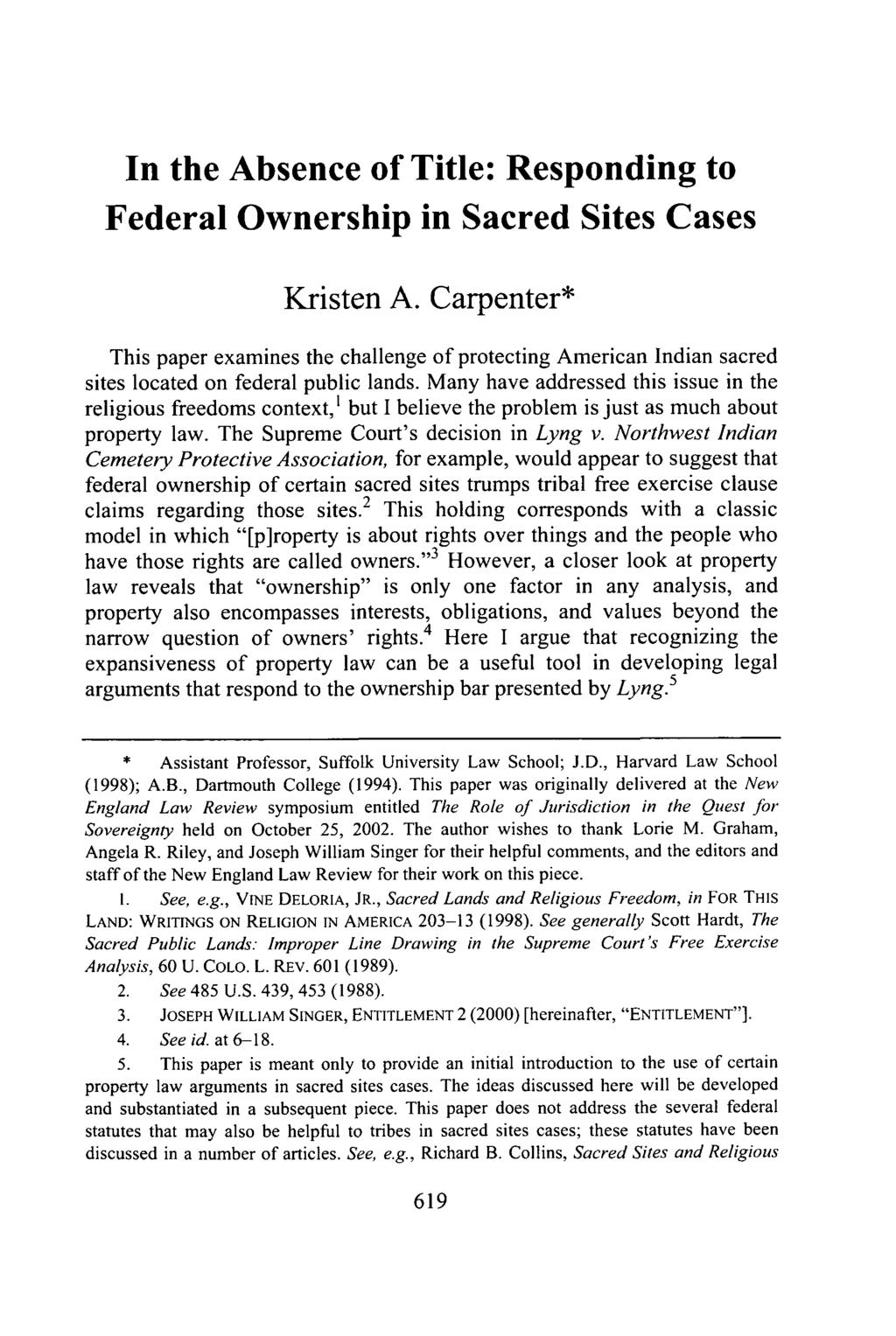 In the Absence of Title: Responding to Federal Ownership in Sacred Sites Cases Kristen A.