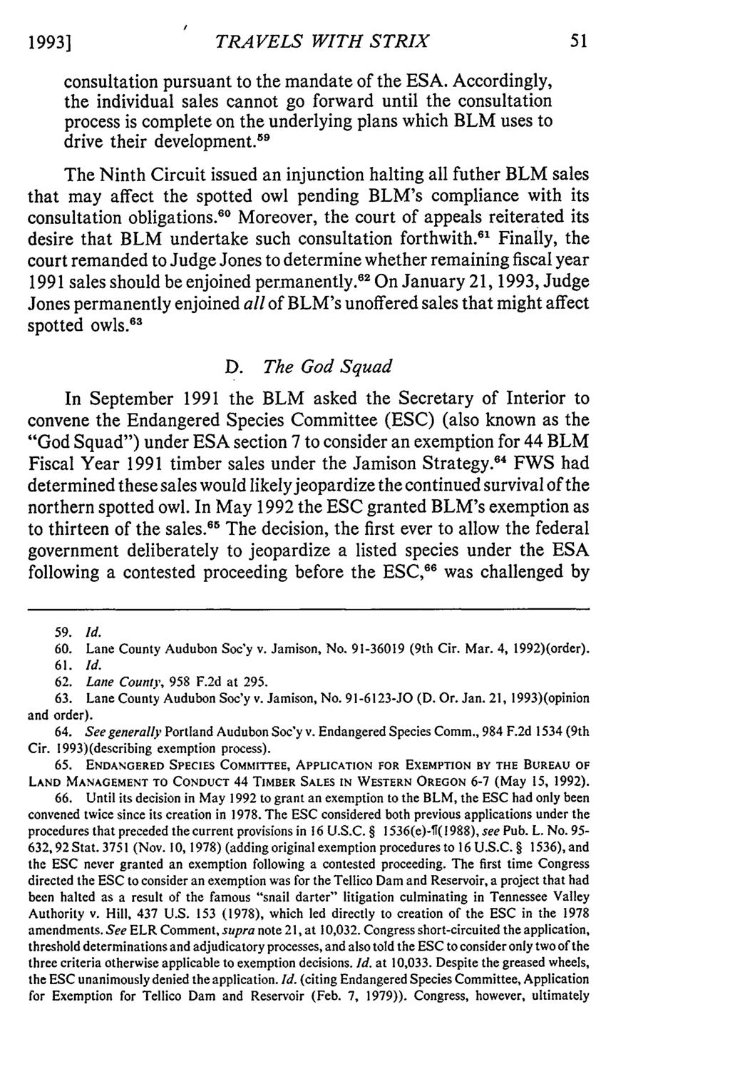 1993] TRAVELS WITH STRIX consultation pursuant to the mandate of the ESA.