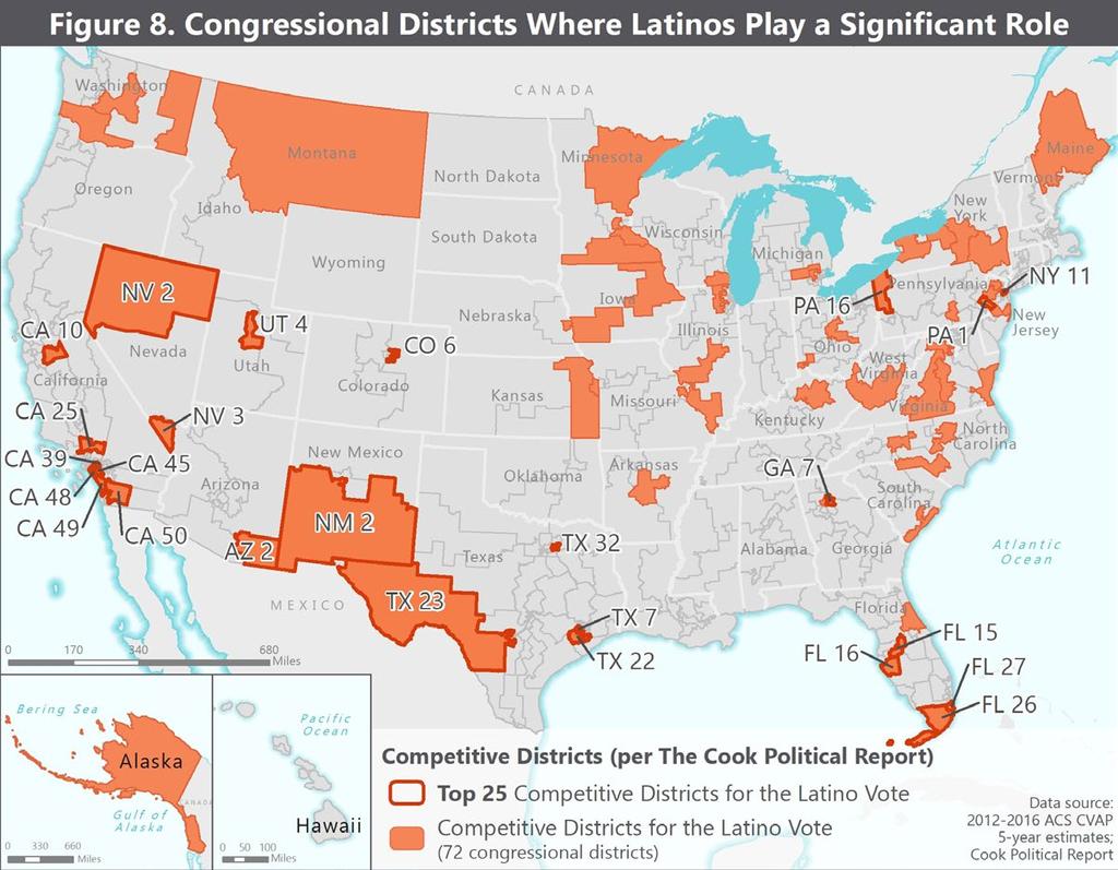 These districts are identified as competitive by the Cook Political Report (now updated based on currently published rankings), and have a Latino share of the citizen voting-age population that is