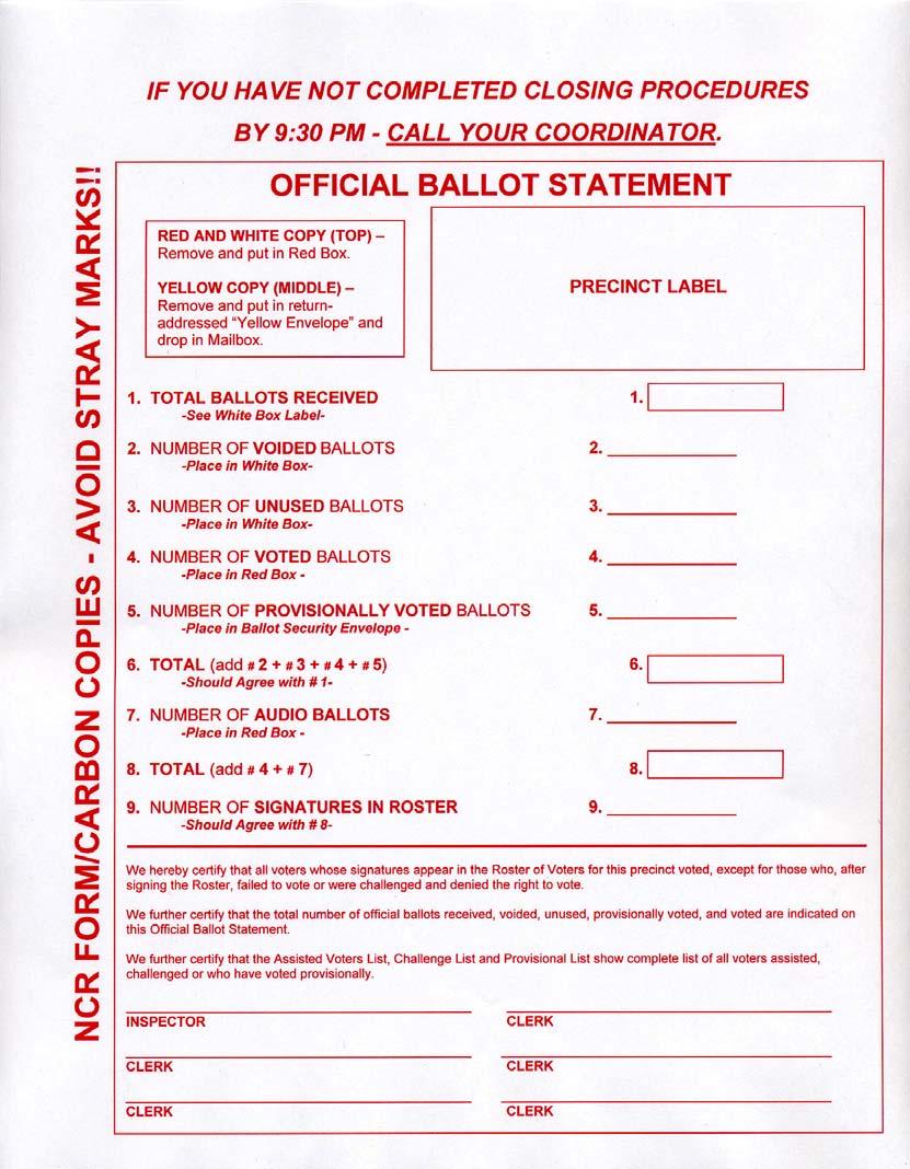 Closing the Polls Completing the Official Ballot Statement Complete the entire Official Ballot Statement. All Pollworkers must sign at bottom.