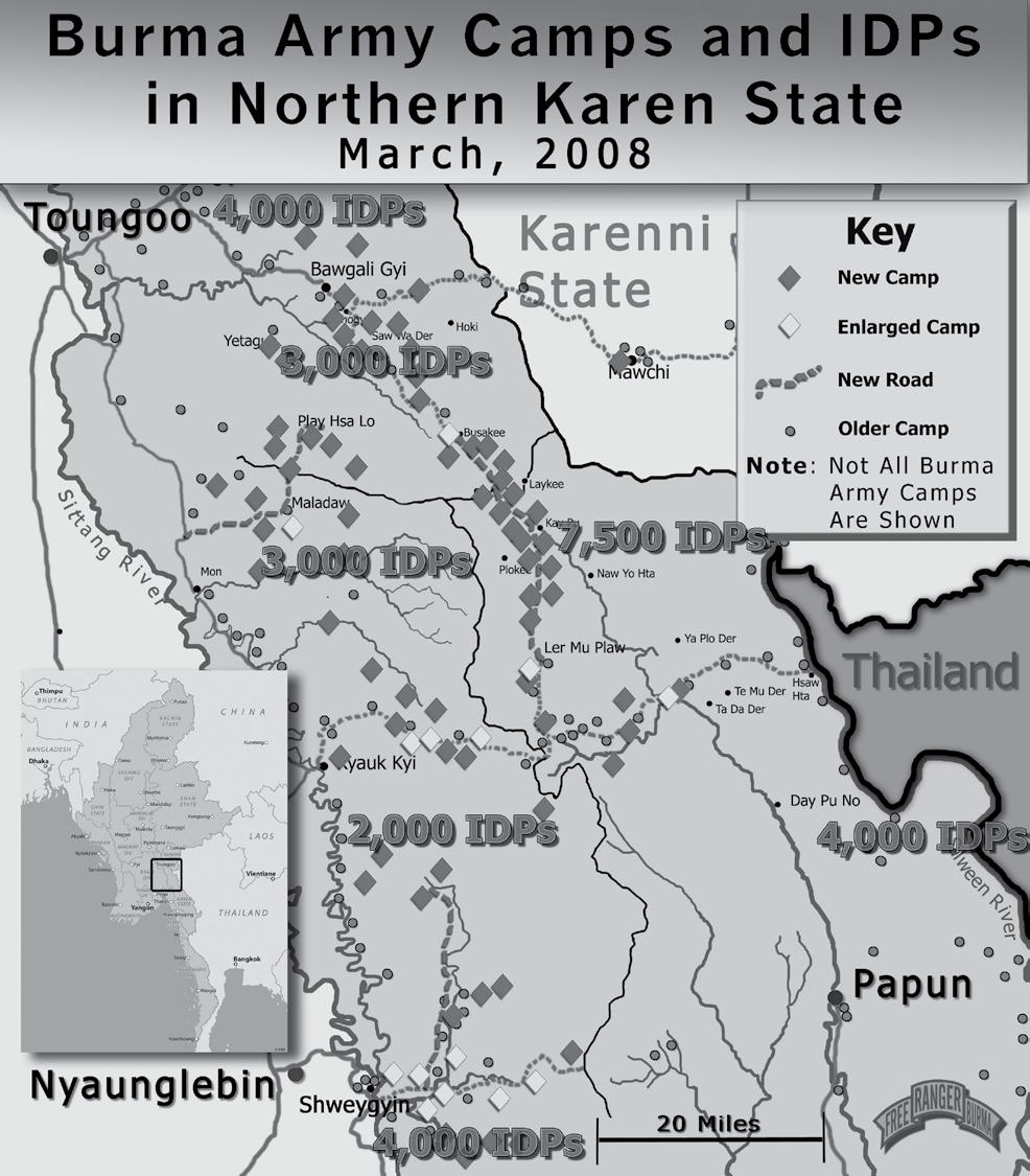 This map shows about half of the over 100 New Burma Army camps that have been built in Nyaunglebin, Papun and Toungoo Districts since 2006.