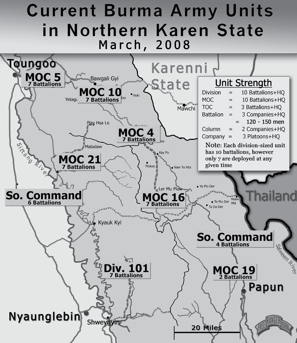 This map represents Burma Army troop deployment as of March 2008; these numbers are down from the height of the troop resupply in December 2007, when there