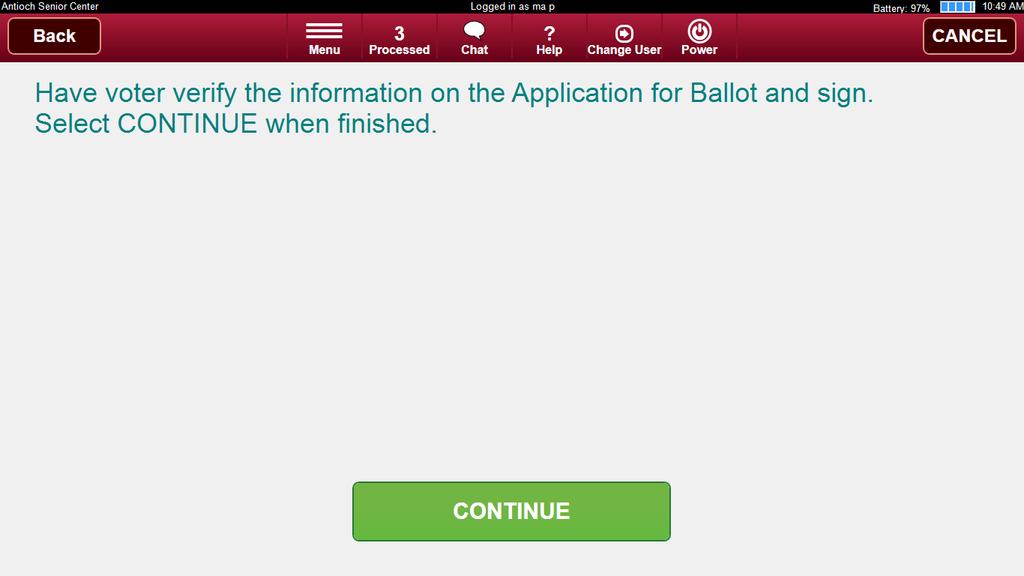 Application prints out: Have voter verify information