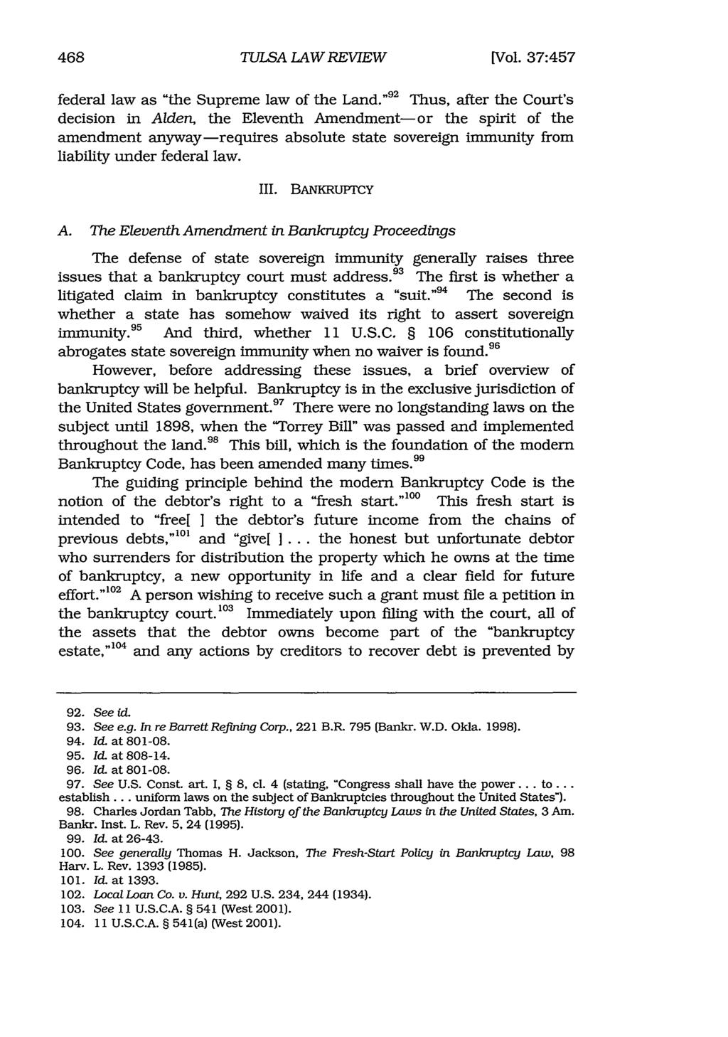 Tulsa Law Review, Vol. 37 [2001], Iss. 1, Art. 12 468 TULSA LAW REVIEW [Vol. 37:457 federal law as "the Supreme law of the Land.