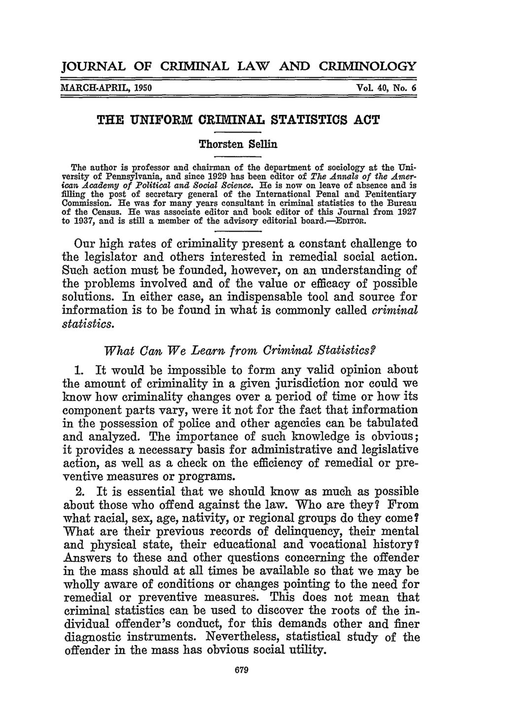 JOURNAL OF CRIMINAL LAW AND CRIMINOLOGY AIARCH-APRIL, 1950 VoL 40, No.