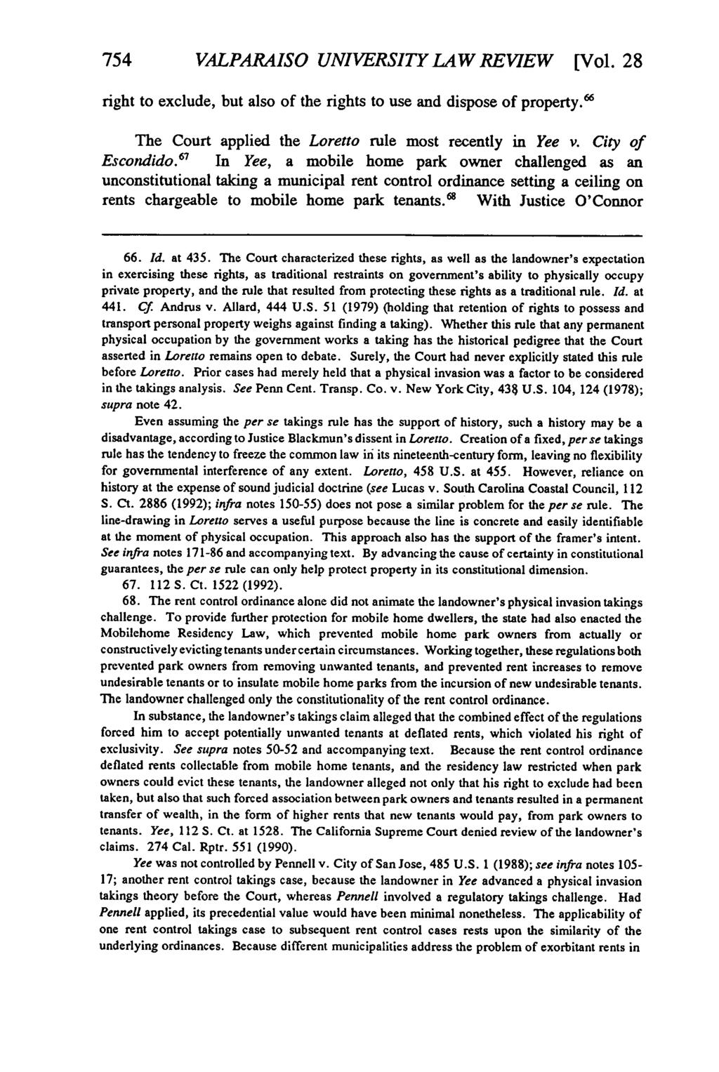 Valparaiso University Law Review, Vol. 28, No. 2 [1994], Art. 9 754 VALPARAISO UNIVERSITY LAW REVIEW [Vol. 28 right to exclude, but also of the rights to use and dispose of property.