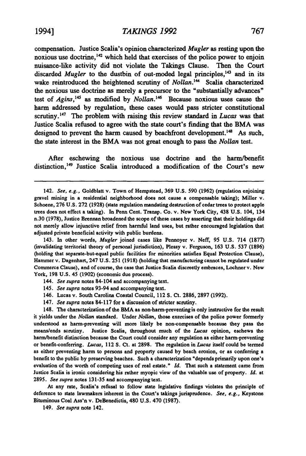 Freitag: Takings 1992: Scalia's Jurisprudence and a Fifth Amendment Doctri 1994] TAKINGS 1992 767 compensation.