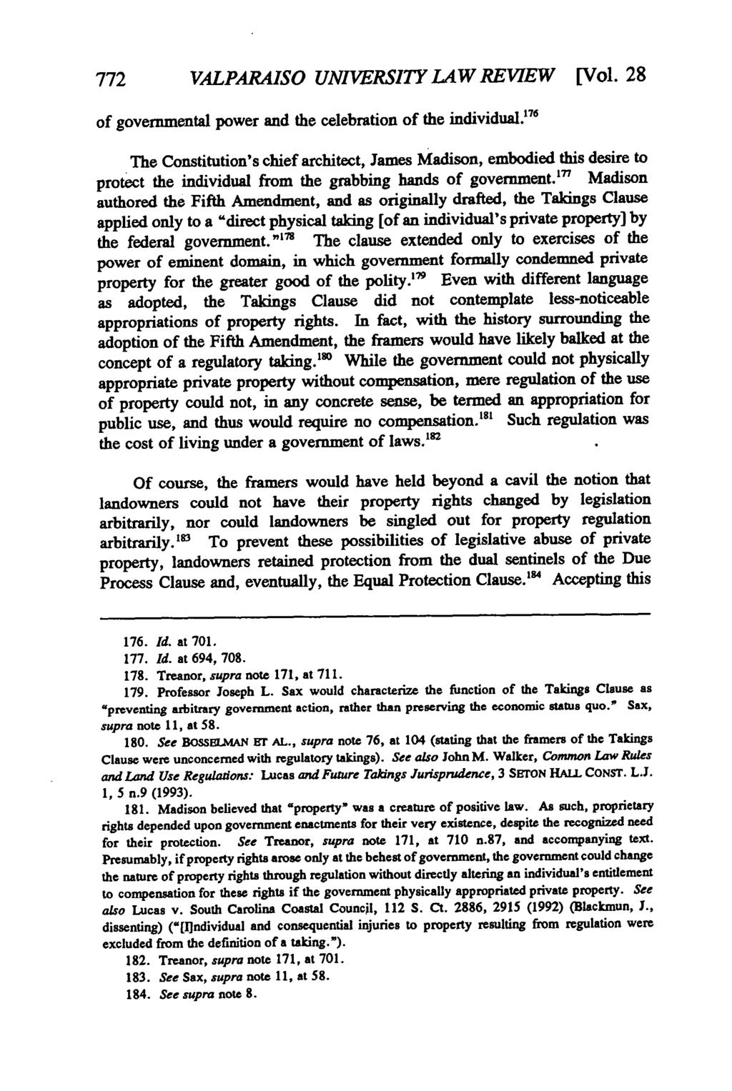 Valparaiso University Law Review, Vol. 28, No. 2 [1994], Art. 9 772 VALPARAISO UNIVERSITY LAW REVIEW [Vol. 28 of governmental power and the celebration of the individual.