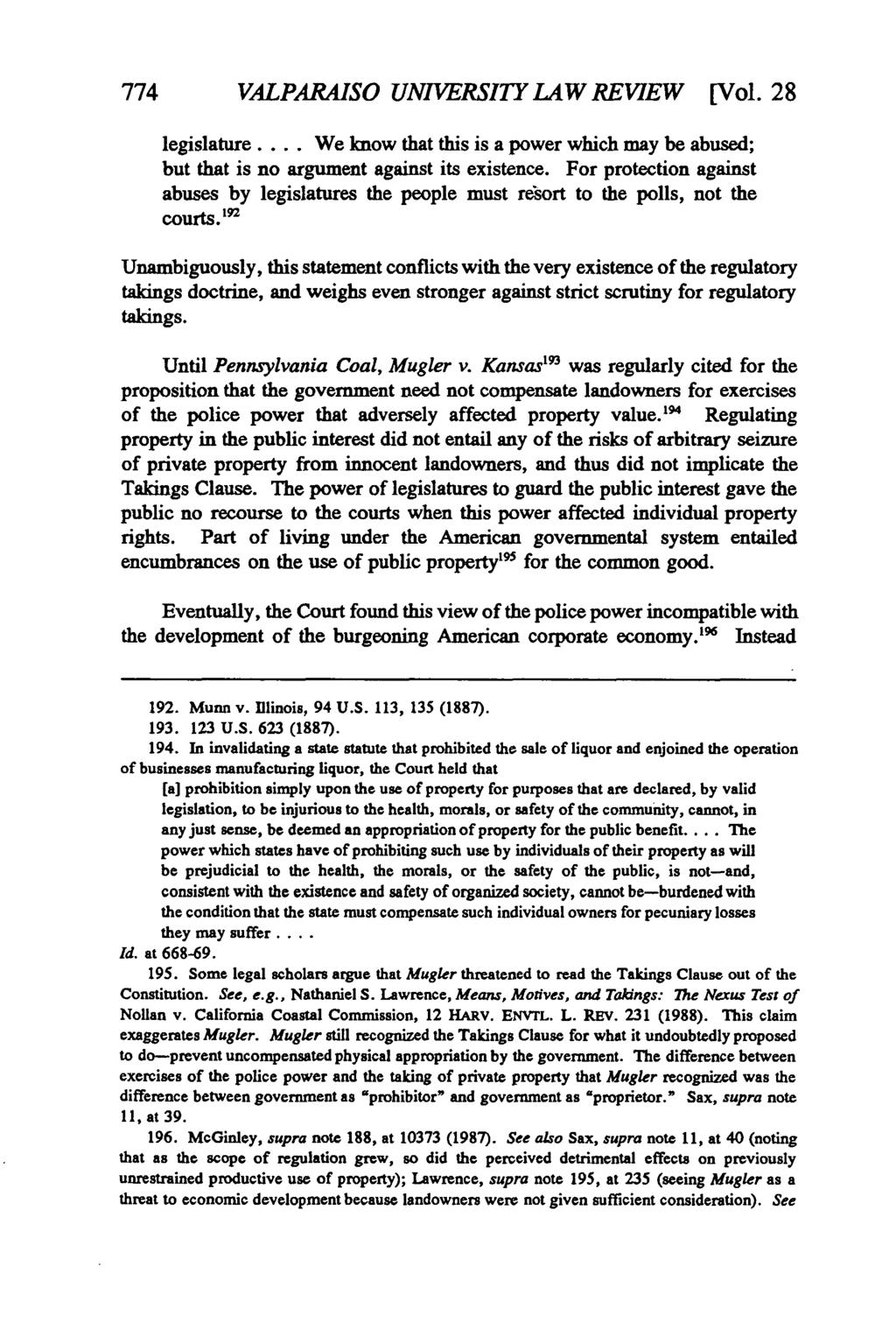 Valparaiso University Law Review, Vol. 28, No. 2 [1994], Art. 9 774 VALPARAISO UNIVERSITY LAW REVIEW [Vol. 28 legislature.