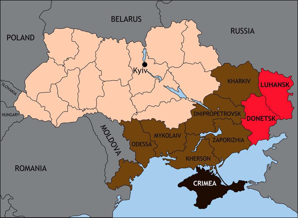 Regions, where pro-russian unrest occurred in March. Brown: regions, where taking over the government buildings failed.