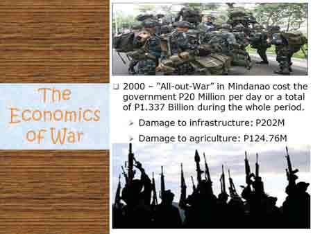 The approximated total amount of government spending for the 26 years of fighting was 73 billion Pesos or an average of 24 million a year.