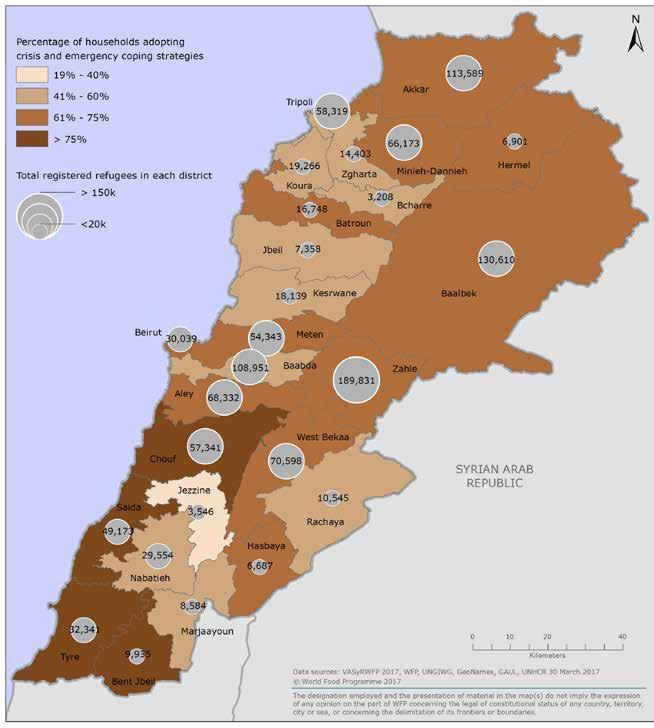 Vulnerability Assessment of Syrian Refugees in Lebanon 2017 81 Map 7 shows the districts with the highest percentage of households adopting crisis and emergency coping strategies; refugee households