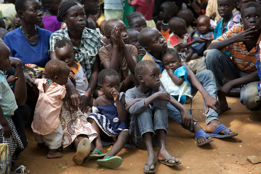 Children and mothers displaced by recent fighting in Juba wait for nutrition screening and treatment carried out by World Vision. July 16, 2016.