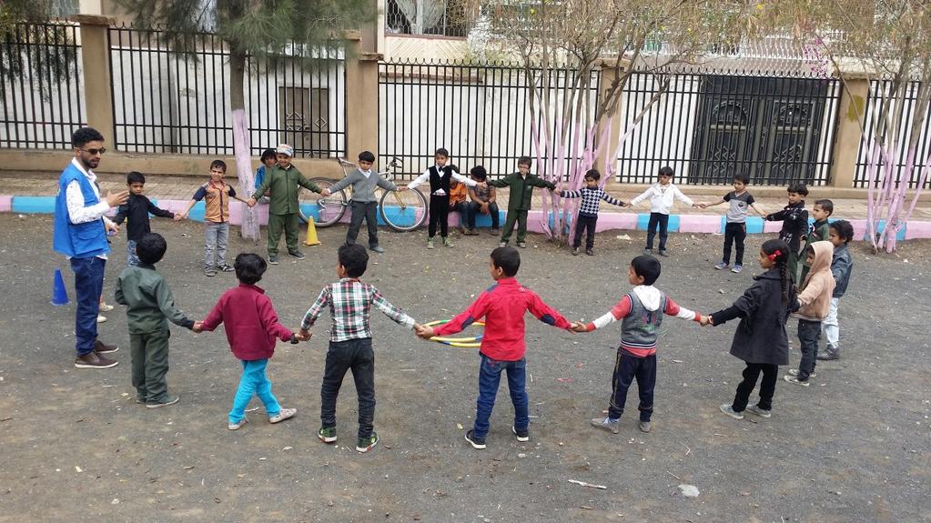 In addition, 120 well-trained daily workers were assigned to CFSs with specific responsibilities pertaining to implementing CFS activities. Children are playing in a child friendly space in Sana a.