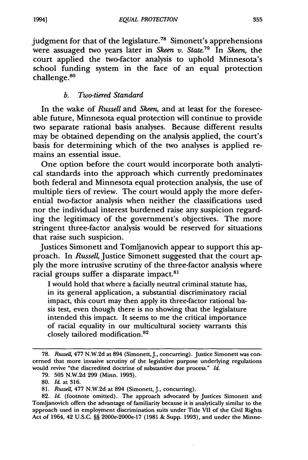 1994l Iijima: Minnesota Equal EQUAL Protection PROTECTION in the Third Millennium: "Old Formulat judgment for that of the legislature.