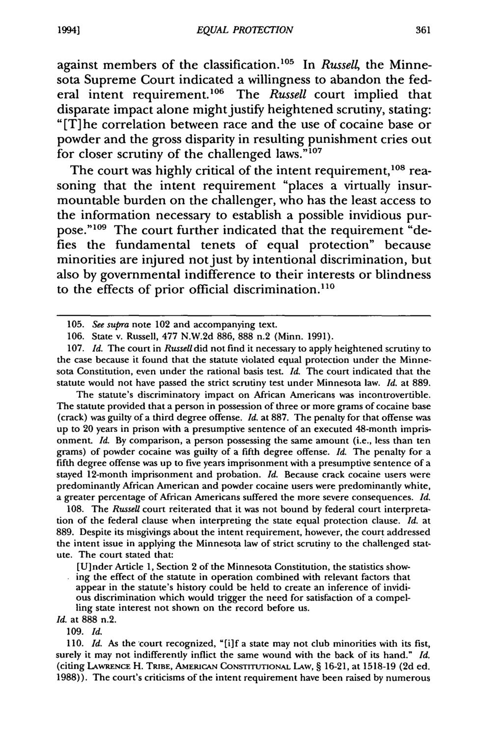 1994] Iijima: Minnesota Equal EQUAL Protection PROTECTION in the Third Millennium: "Old Formulat against members of the classification.