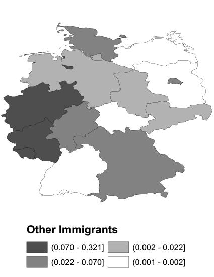 Native Germans tend to cluster in the southern and western states, while other migrants are more concentrated in the traditional states that attracted guest workers (for instance,