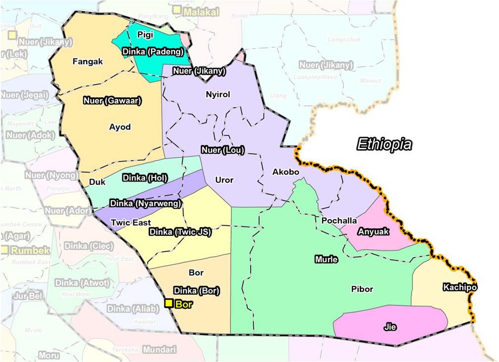 Figure 2: Map of Jonglei State showing counties and ethnic groups Note: Ethnic boundaries on this map are not an exact representation of the situation in the state.