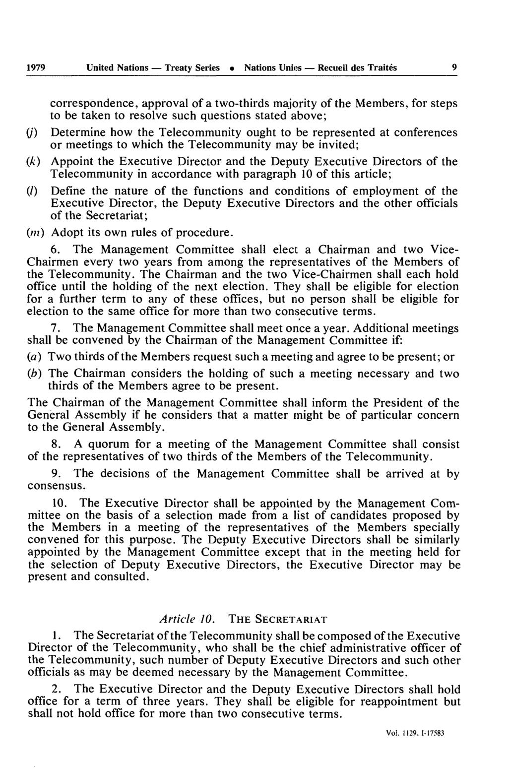 1979 United Nations Treaty Series Nations Unies Recueil des Traités 9 correspondence, approval of a two-thirds majority of the Members, for steps to be taken to resolve such questions stated above;