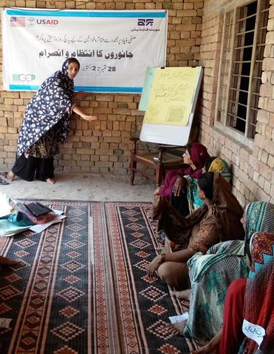 Survivors attend a session on Livestock Management Training in the field area of Agar Wala, Muzaffargarh, under Farmers' Friend