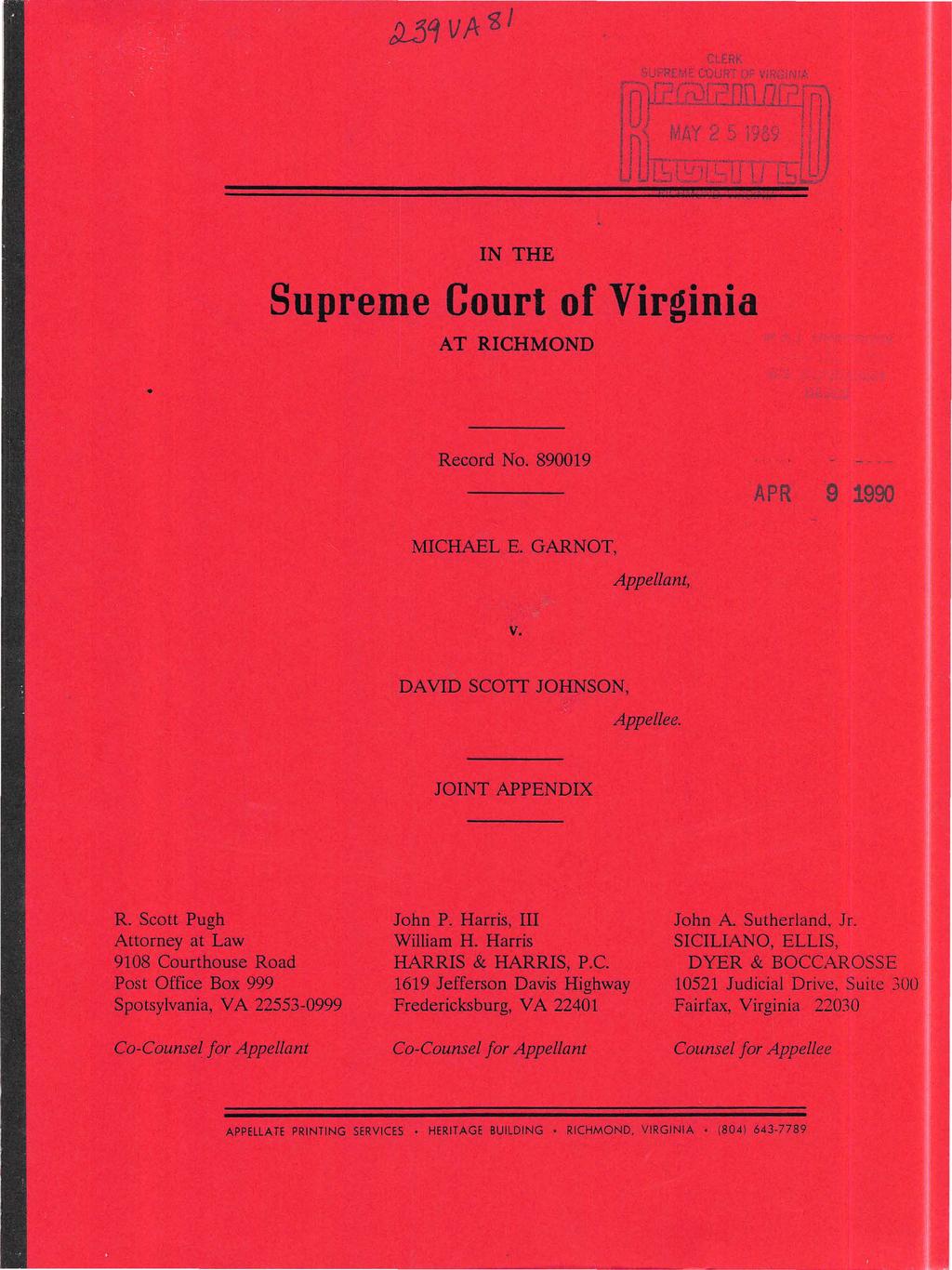 . p-,._ n \ 1.. 1-1 1,.,. ' : \ J,.j_. \ _. ~ 1 ' - 1 /1 ; ' 1! ;.:. } 1 ' i t, r, \ a l N THE Supreme Court of Virginia T RCHMOND Record No. 890019 PR 9 1990 MCHEL E. GRNOT, v.