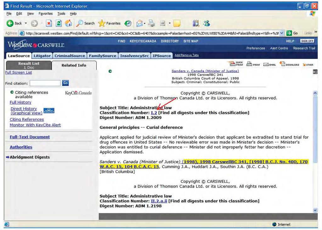 2. All digests for that case will appear in the right frame. Click on the Classification Number hypertext link of any digest of interest to retrieve digests of all cases dealing with that legal issue.