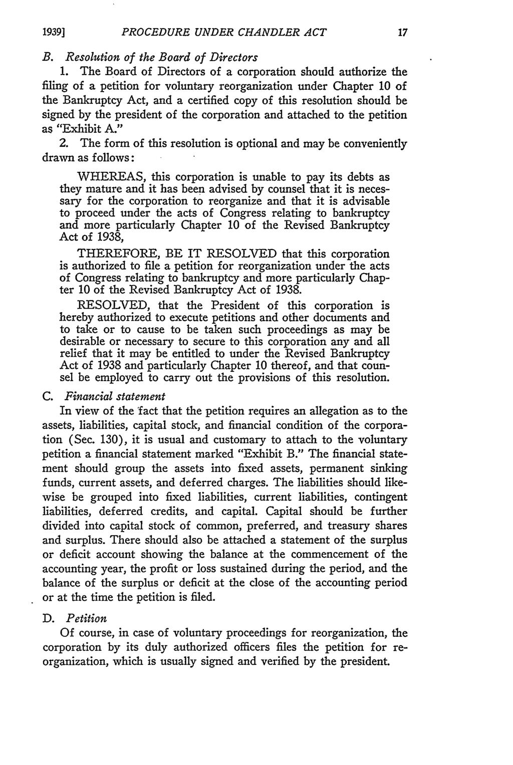 19391 PROCEDURE UNDER CHANDLER ACT B. Resolution of the Board of Directors 1.