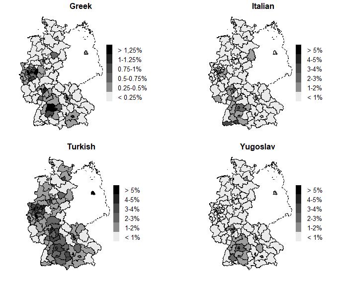 Figure A1: Ethnic Concentrations across West Germany: Census 1987 Notes: Share of ethnicity in the total population of the region (Anpassungsschicht) of residence, 1987. Source: German Census 1987.