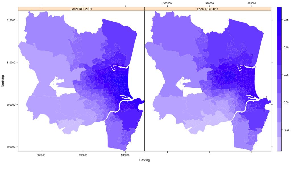 Has poverty dispersed or shifted? Local RCI for JSA in Aberdeen in 2001 and 2011.