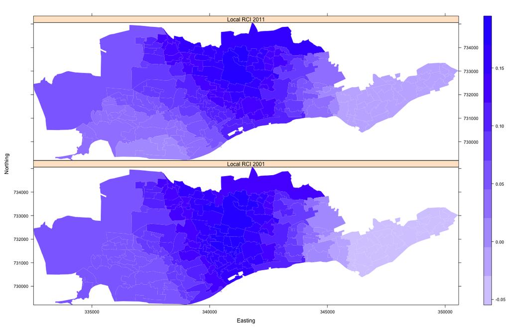 Local RCI for JSA in Dundee in 2001 and 2011 The mean local RCI is 0.085 (2001) and 0.