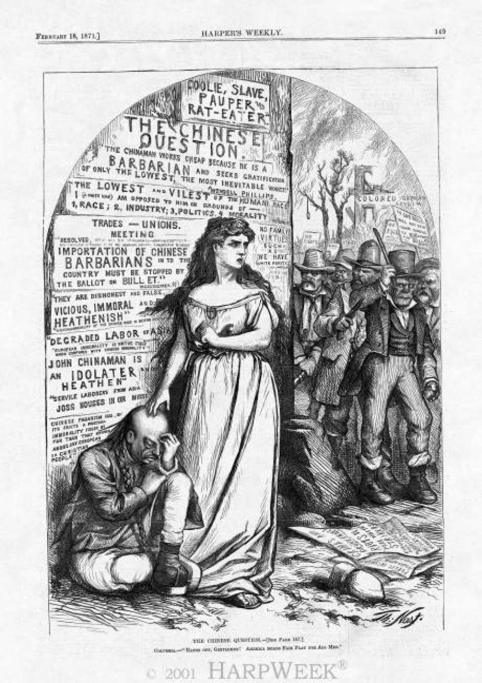 Document B: Political Cartoon, 1871 If this document were your ONLY piece of evidence, how would you answer the question: Why did Americans pass the 1882 Chinese Exclusion Act?