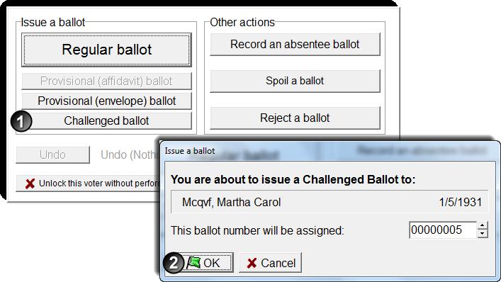 To issue a Challenged ballot in the EPB: Pull the voter s record up in the EPB software by entering the voter s name (last name