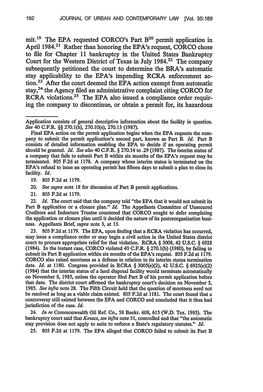 192 JOURNAL OF URBAN AND CONTEMPORARY LAW [Vol. 35:189 mit 19 The EPA requested CORCO's Part B 2 " permit application in April 1984.